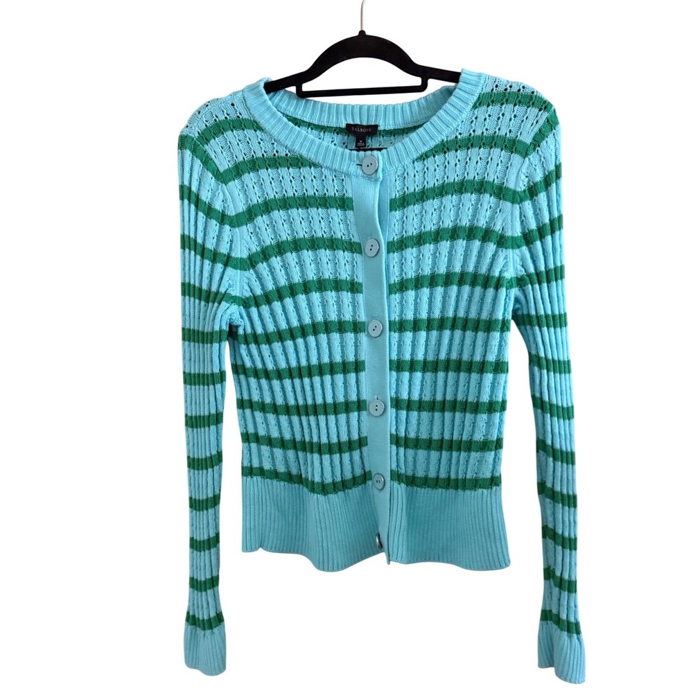 Talbots Womens Striped Pointelle Cardigan Sweater Blue Green Knit Button Front M